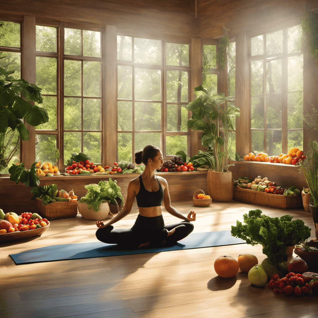 An image showcasing a serene yoga studio with natural light streaming in, where a person practices yoga poses surrounded by vibrant fruits and vegetables, symbolizing the harmonious relationship between exercise, diet, and stress reduction