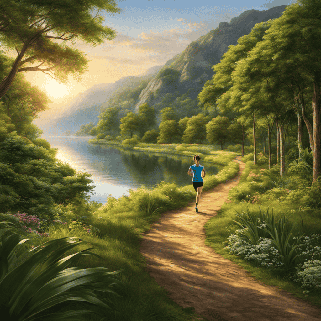 An image that depicts a serene outdoor setting with a person jogging along a scenic trail, surrounded by lush greenery