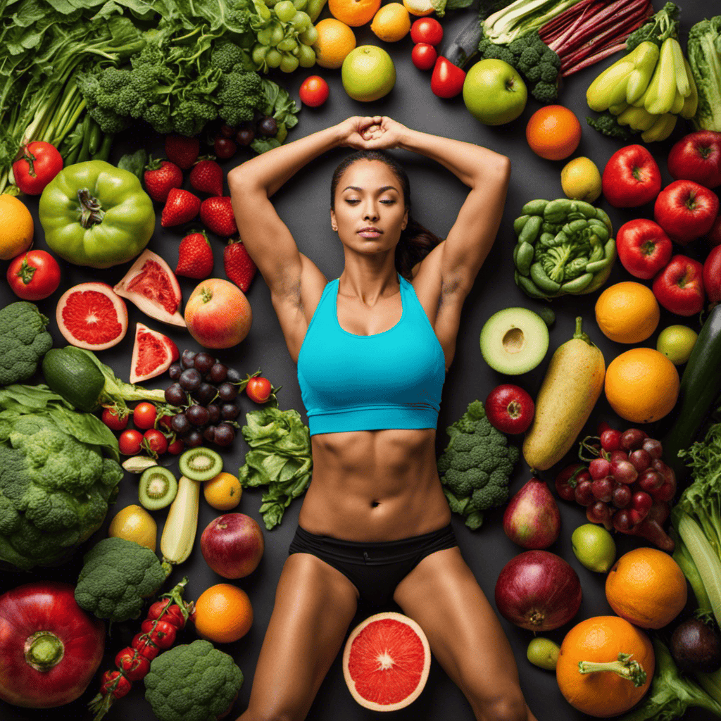 An image showcasing a person engaged in intense exercise, surrounded by fresh fruits and vegetables