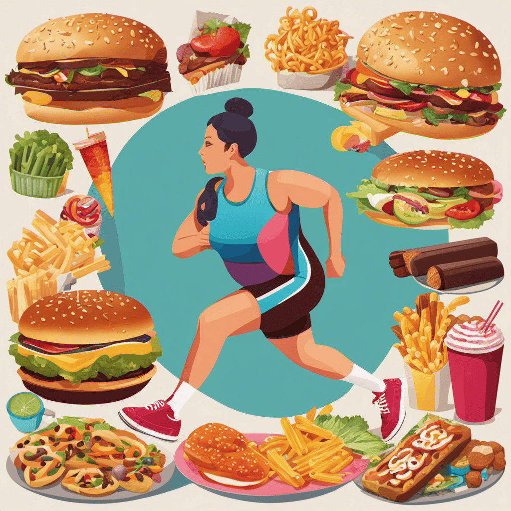 Create an image depicting a person engaged in physical exercise while surrounded by unhealthy food options, illustrating the intricate relationship between diet and stress