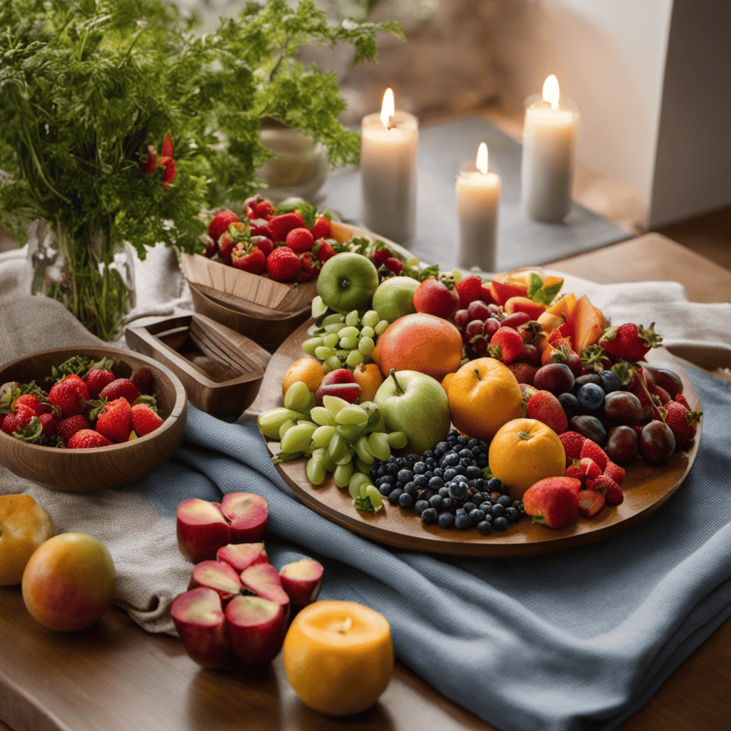 An image depicting a serene setting, with a plate filled with colorful fruits and vegetables, surrounded by calming elements like candles and a yoga mat, symbolizing the dietary factors that contribute to stress reduction