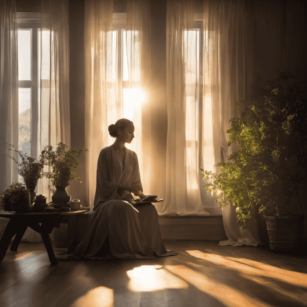 An image capturing the tranquility of a serene morning routine: a person sitting cross-legged, eyes closed, surrounded by soft candlelight, while rays of sunlight gently filter through sheer curtains, illuminating the room