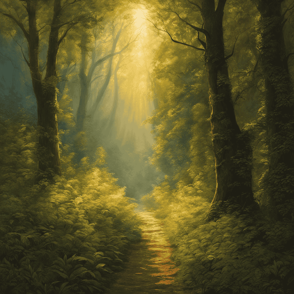 An image showcasing a solitary figure, bathed in soft golden light, standing at the edge of a lush forest