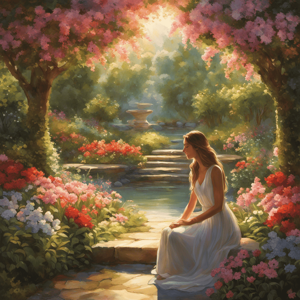 An image of a serene garden oasis, bathed in soft sunlight