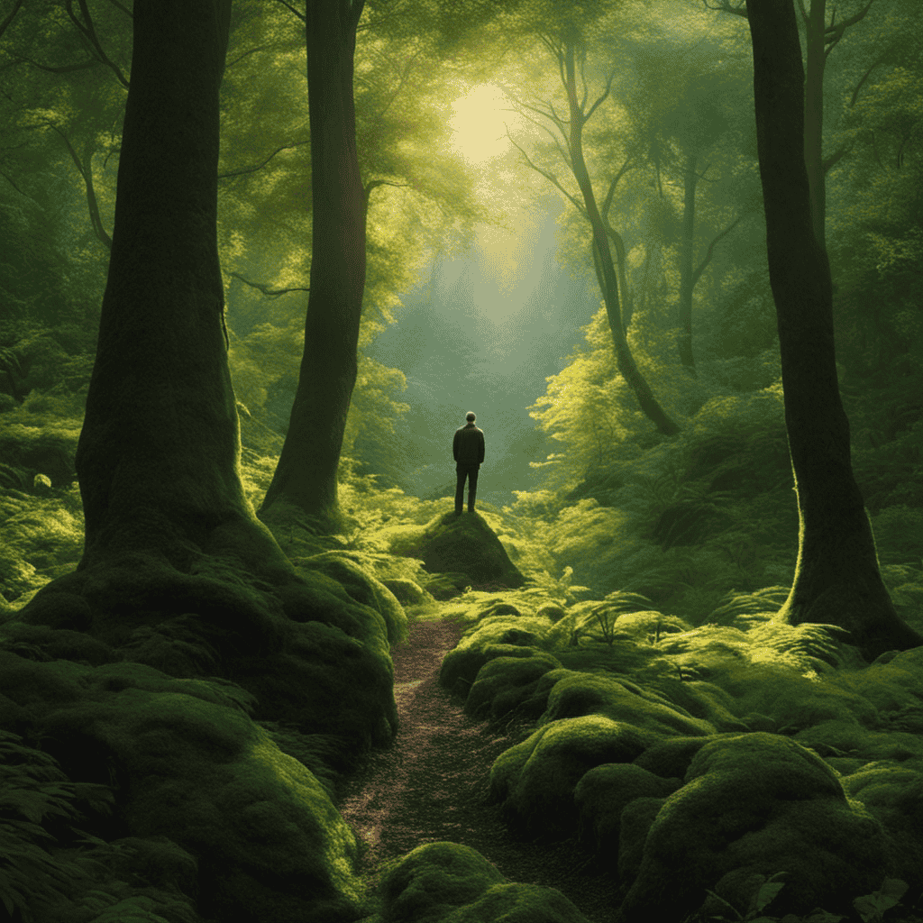 An image showcasing a solitary figure standing at the edge of a lush, green forest, their face radiating curiosity and contemplation as they gaze towards a distant, ethereal light filtering through the trees