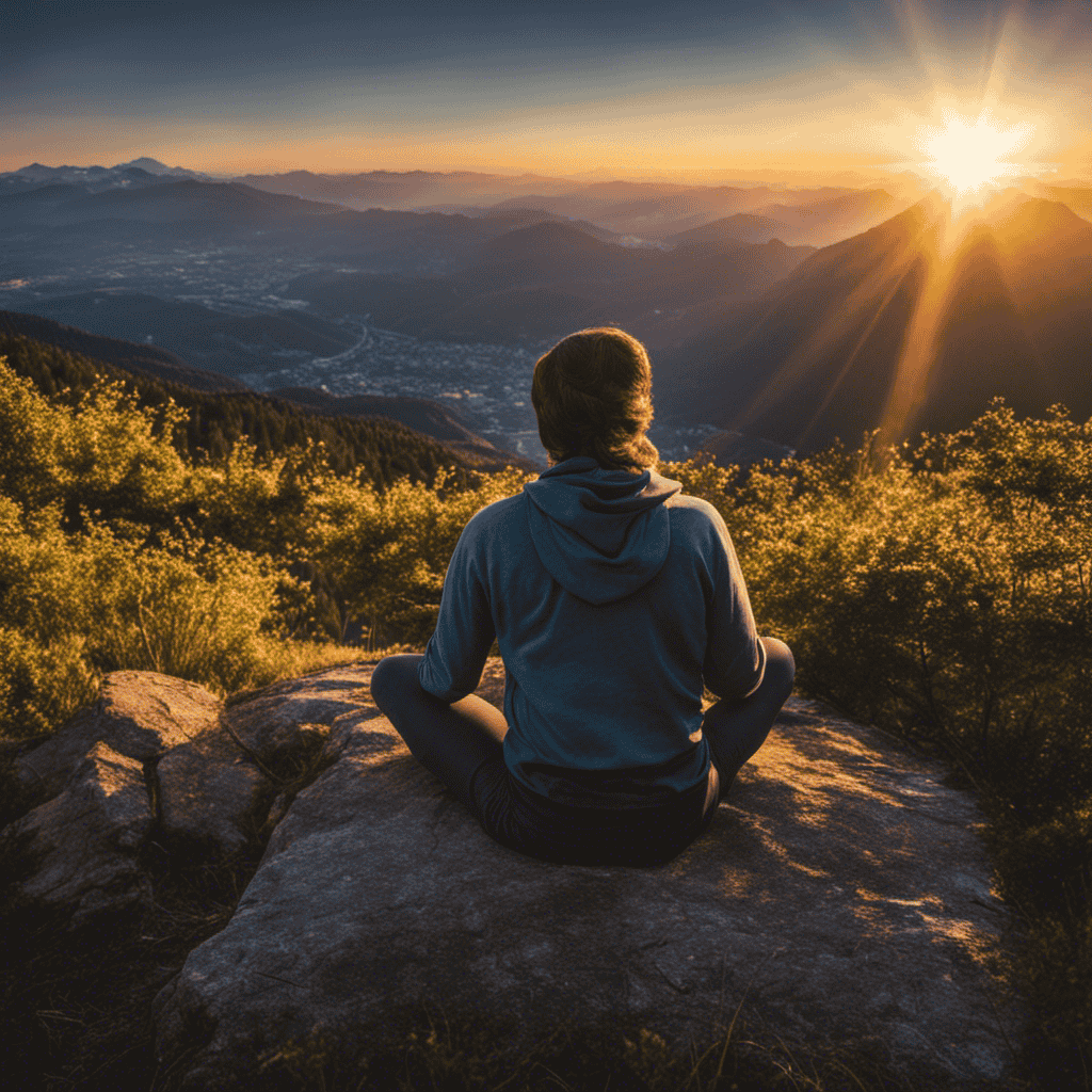 An image of a person sitting cross-legged on a mountaintop, surrounded by a serene landscape