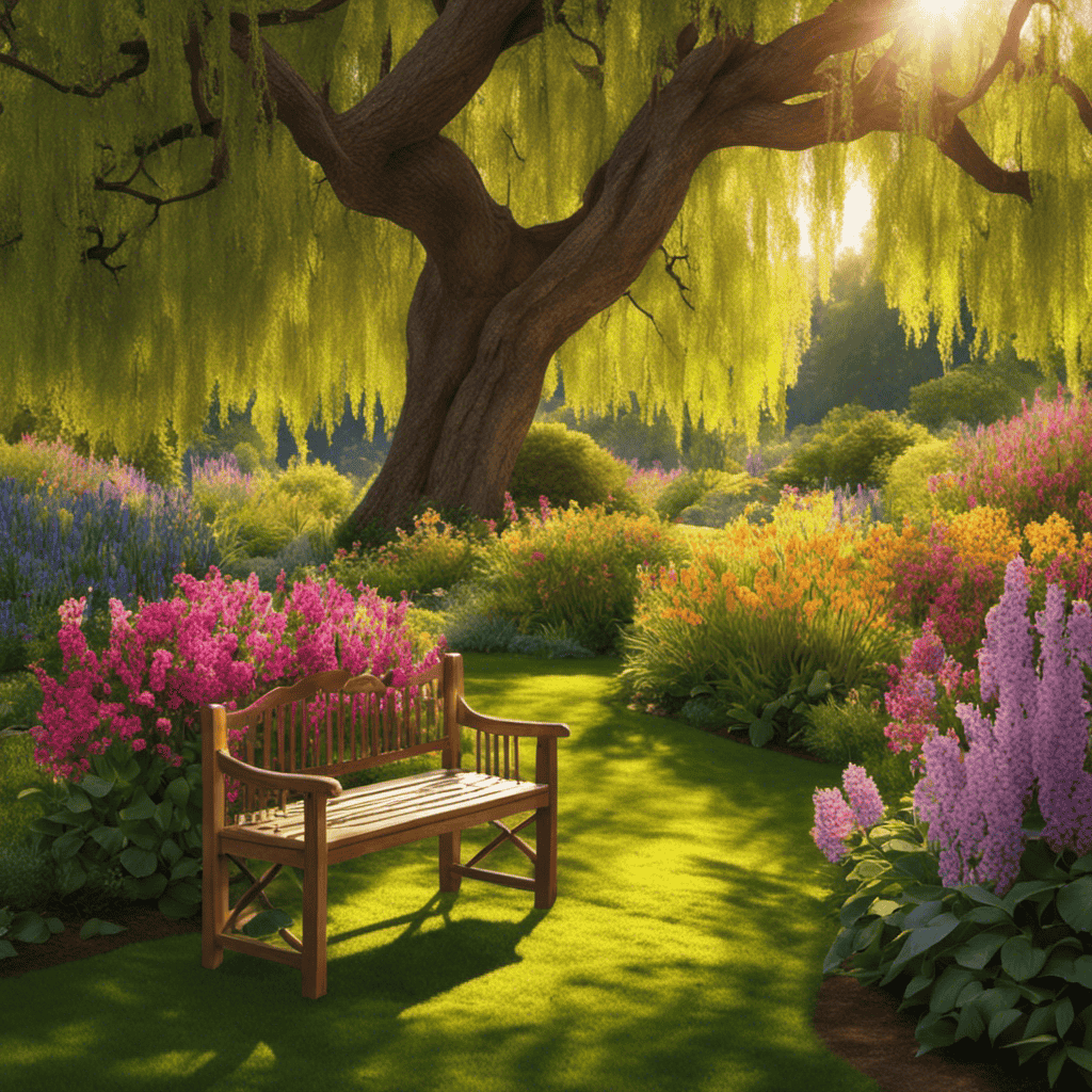 An image of a serene garden bathed in golden sunlight, with vibrant flowers in full bloom, a worn wooden bench nestled under a towering willow tree, inviting viewers to embrace nature's beauty and find inspiration within its tranquil embrace
