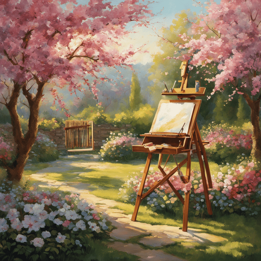 An image capturing a peaceful garden bathed in golden sunlight, with a painter's easel positioned under a blossoming cherry tree