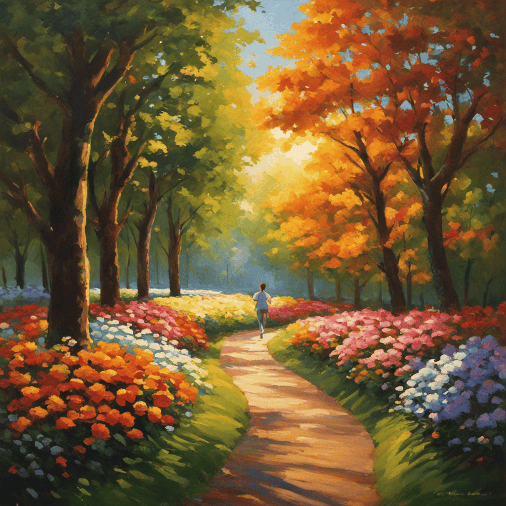 An image of a serene, sunlit park with a solitary figure jogging along a winding path, surrounded by vibrant flowers and towering trees