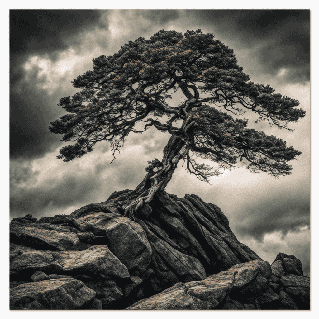 An image of a lone tree standing tall on a rocky cliff, buffeted by fierce winds and surrounded by stormy clouds, yet still flourishing with vibrant leaves