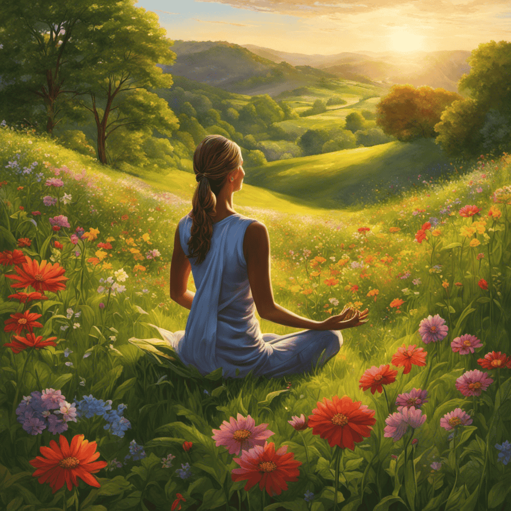 An image capturing a tranquil scene of a person meditating in a lush green meadow, bathed in soft sunlight, surrounded by colorful wildflowers, emphasizing the role of mindfulness in cultivating inspiration