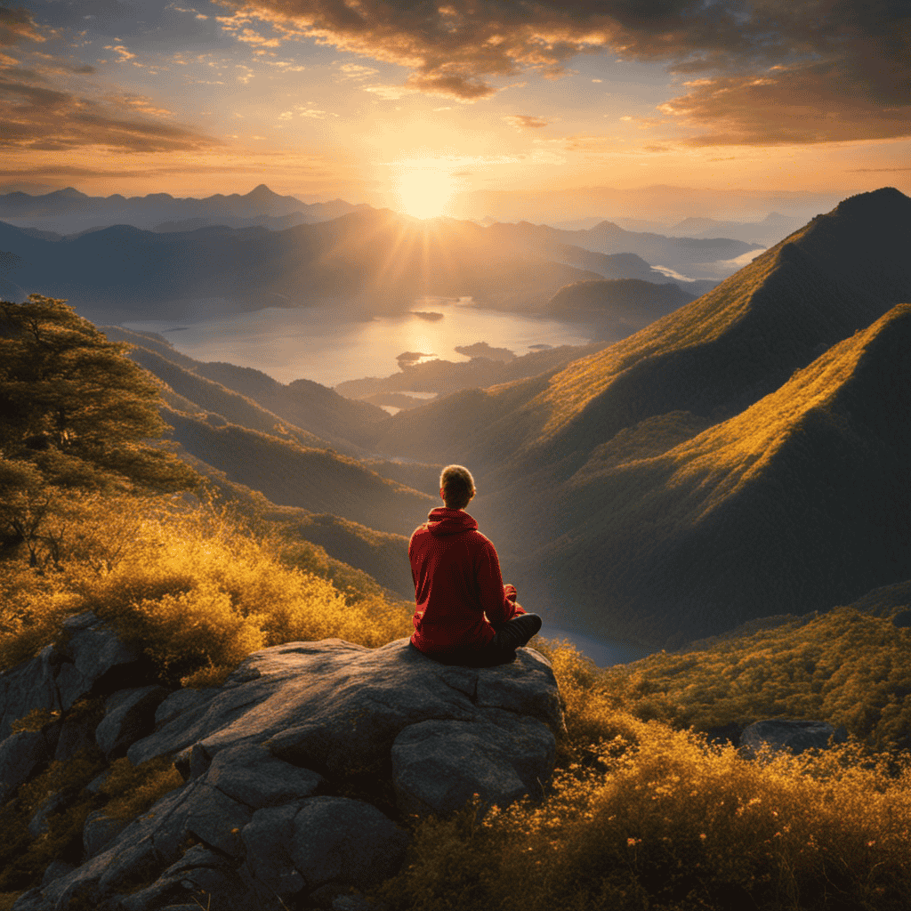 An image of a person sitting alone on a mountaintop at sunrise, surrounded by serene nature