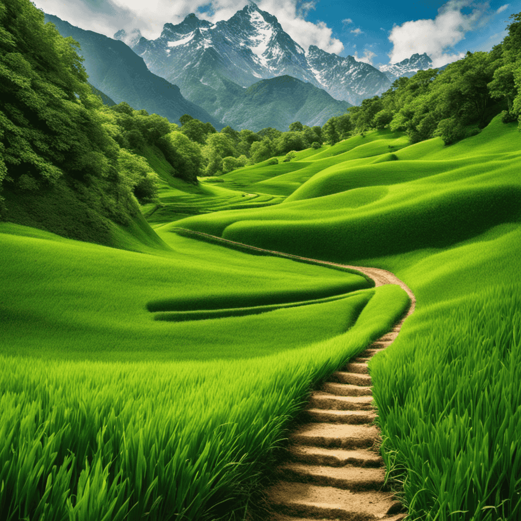 An image capturing a lush green field with a narrow path leading towards a towering mountain peak, symbolizing the importance of setting goals