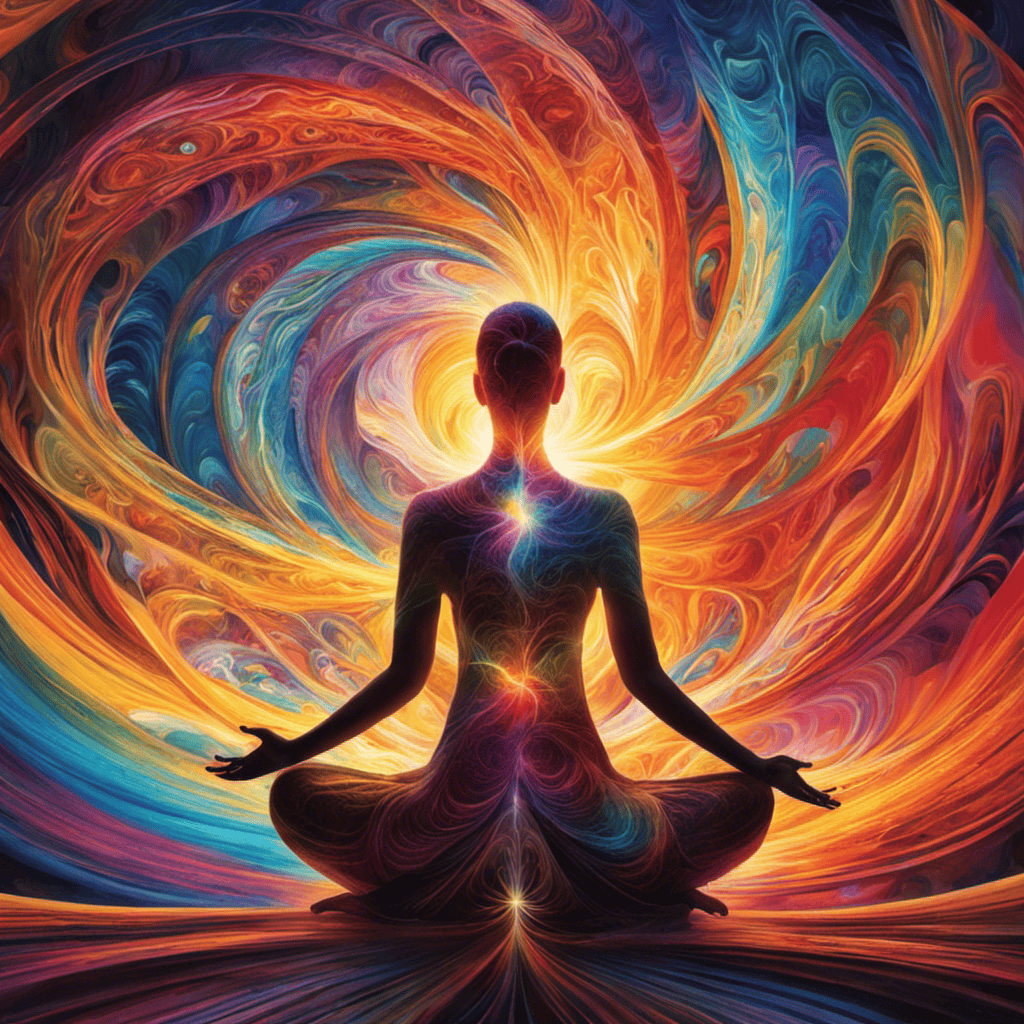 An image showcasing a person sitting cross-legged, surrounded by vibrant, swirling colors