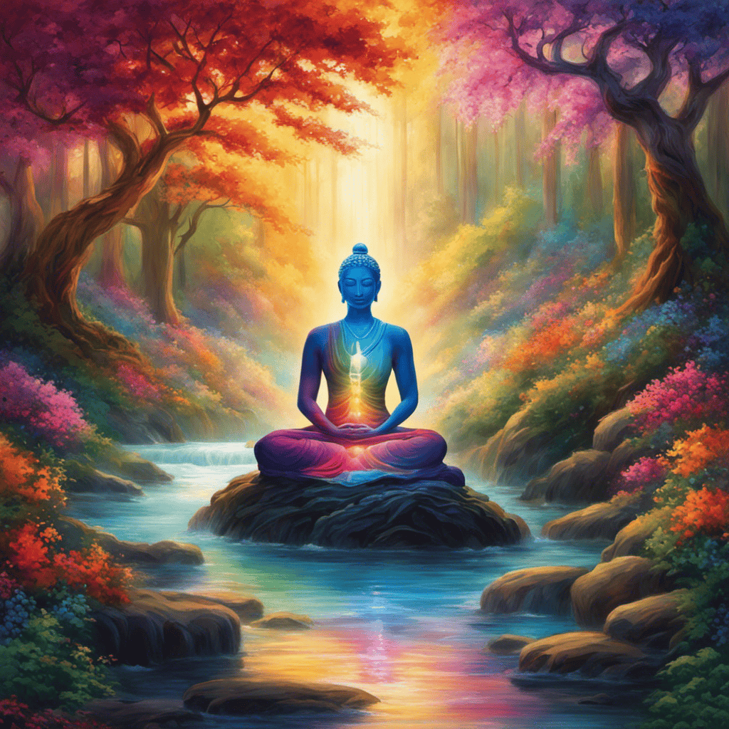 An image featuring a serene meditator surrounded by a vibrant blend of ethereal colors, seamlessly merging with nature's elements like trees and flowing water