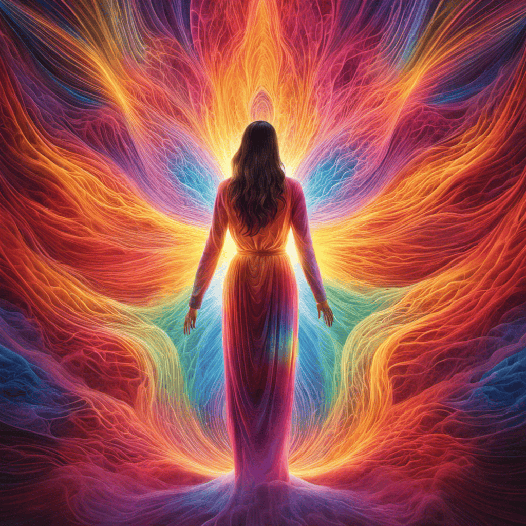 An image depicting a person surrounded by colorful, luminous energy fields, illustrating the scientific concept of aura perception