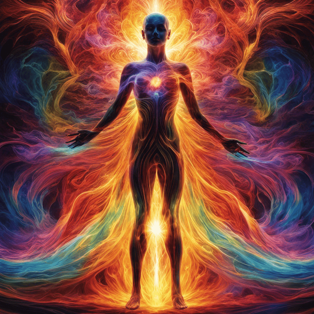 An image showcasing a person surrounded by vibrant, translucent layers of energy radiating from their body