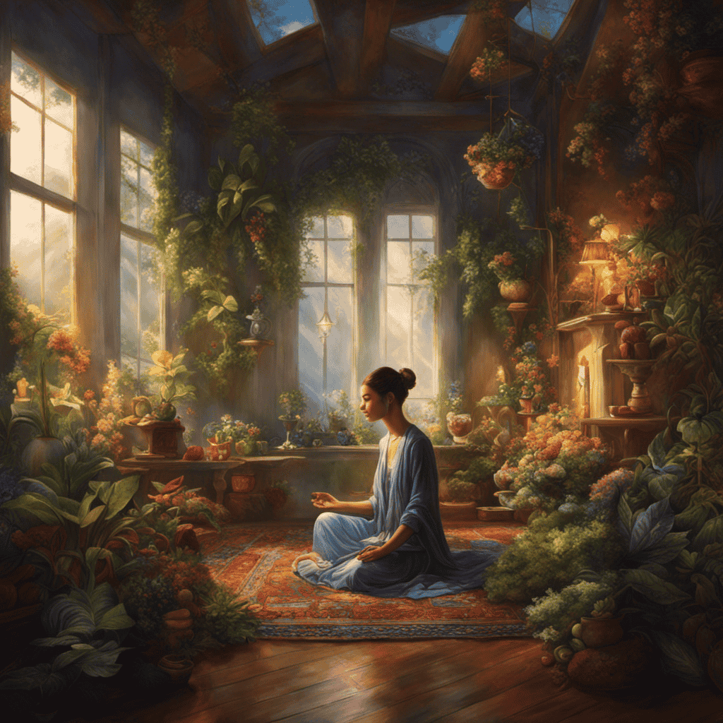 An image depicting a serene, dimly lit room with a person sitting cross-legged, eyes closed, surrounded by soft, ethereal colors