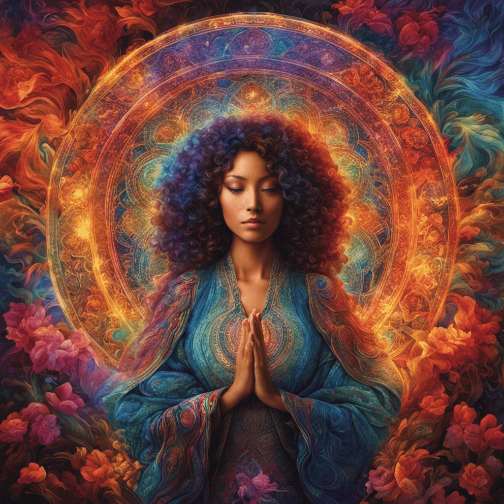 An image depicting a person surrounded by vibrant, shimmering auras in various colors and patterns