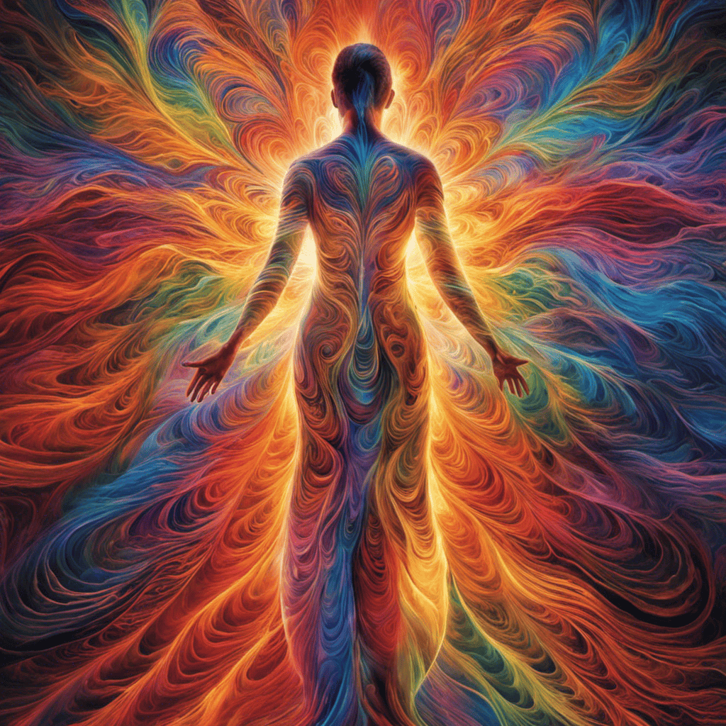 An image showcasing a person surrounded by vibrant, translucent layers of energy, emanating from their body in a rainbow of colors