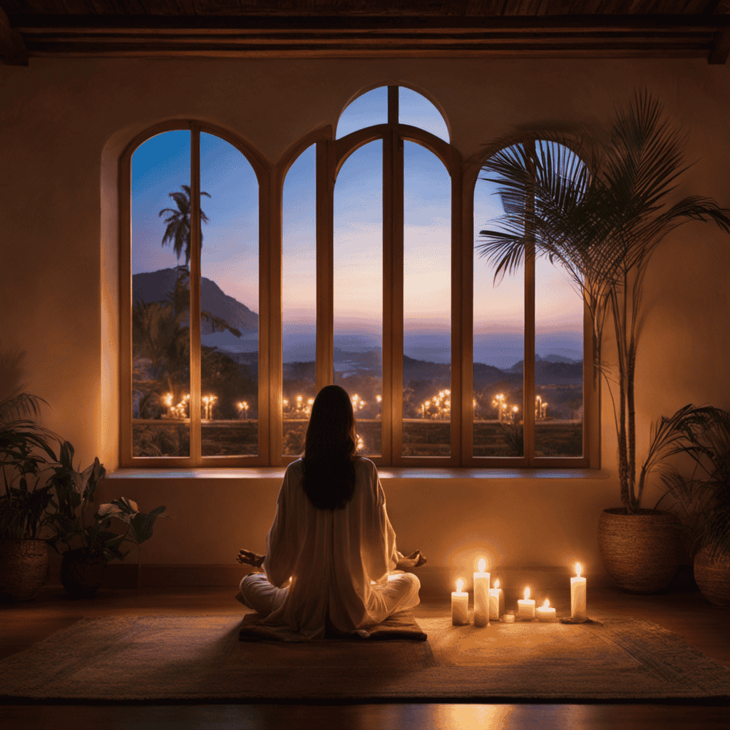 An image of a serene, candlelit room with a meditator sitting cross-legged, eyes closed, palms resting on knees, surrounded by a gentle glow