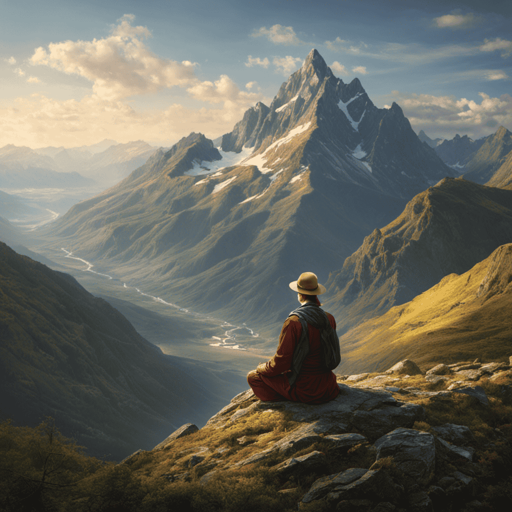 An image depicting a person sitting cross-legged on a mountaintop, surrounded by a serene landscape