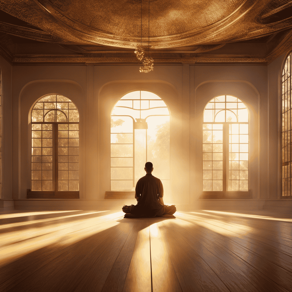 An image depicting a serene, sunlit room with a person sitting cross-legged in meditation, their face radiating calmness