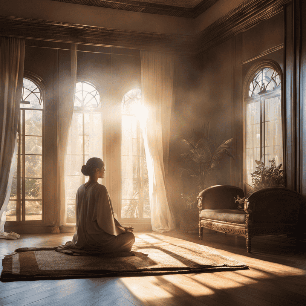 An image showcasing a serene, sunlit room with a meditator seated cross-legged on a plush cushion