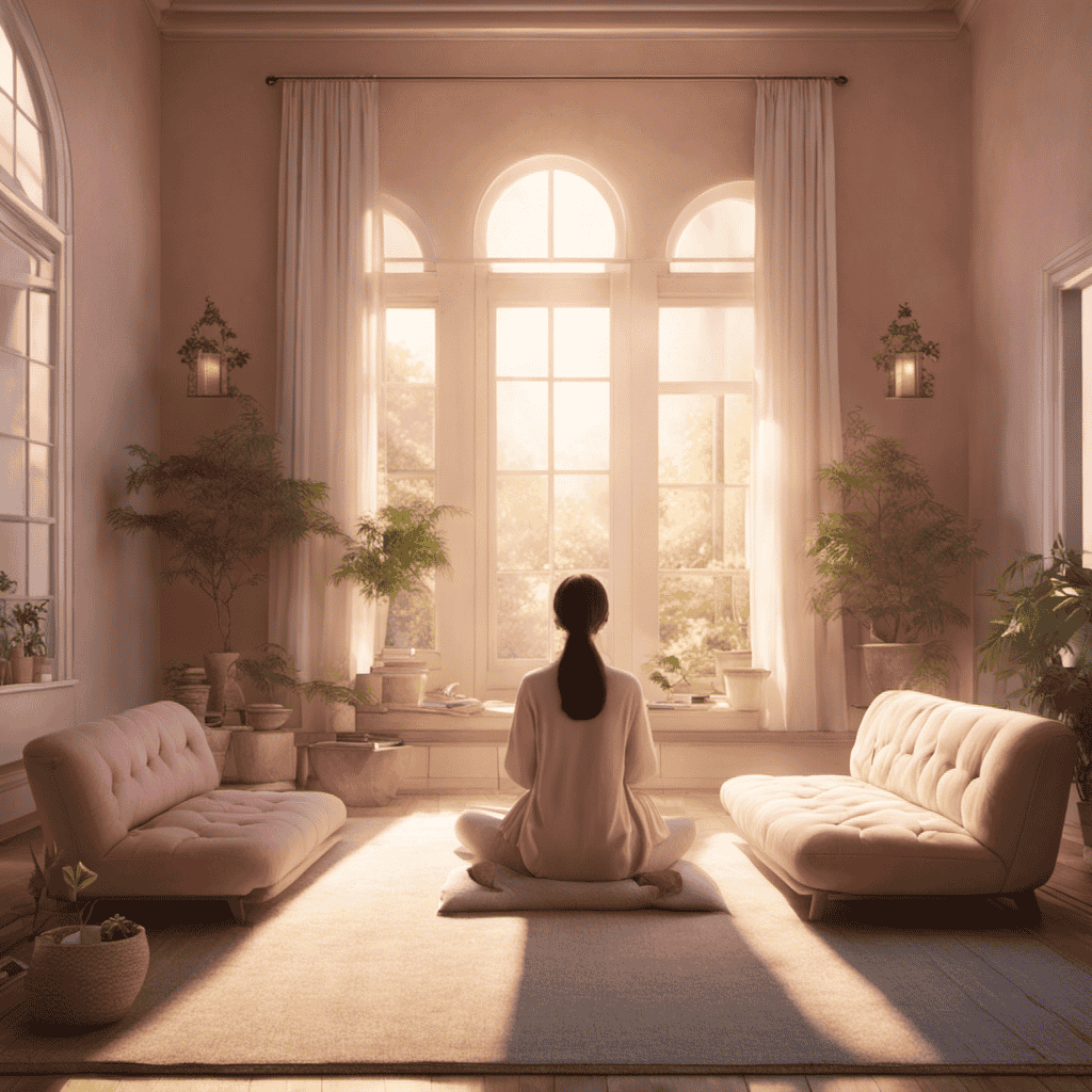 An image depicting a serene, sunlit room with a person sitting cross-legged on a cushion, eyes closed, surrounded by soft, pastel colors