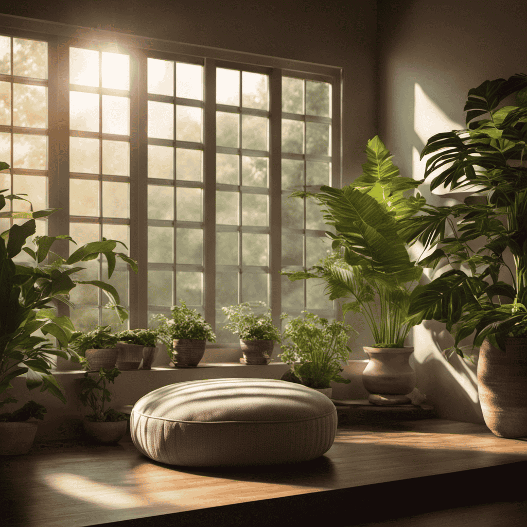 An image that portrays a serene morning scene: a person sitting cross-legged on a cozy meditation cushion, facing a window with soft sunlight streaming in, surrounded by plants and a gentle aroma diffuser