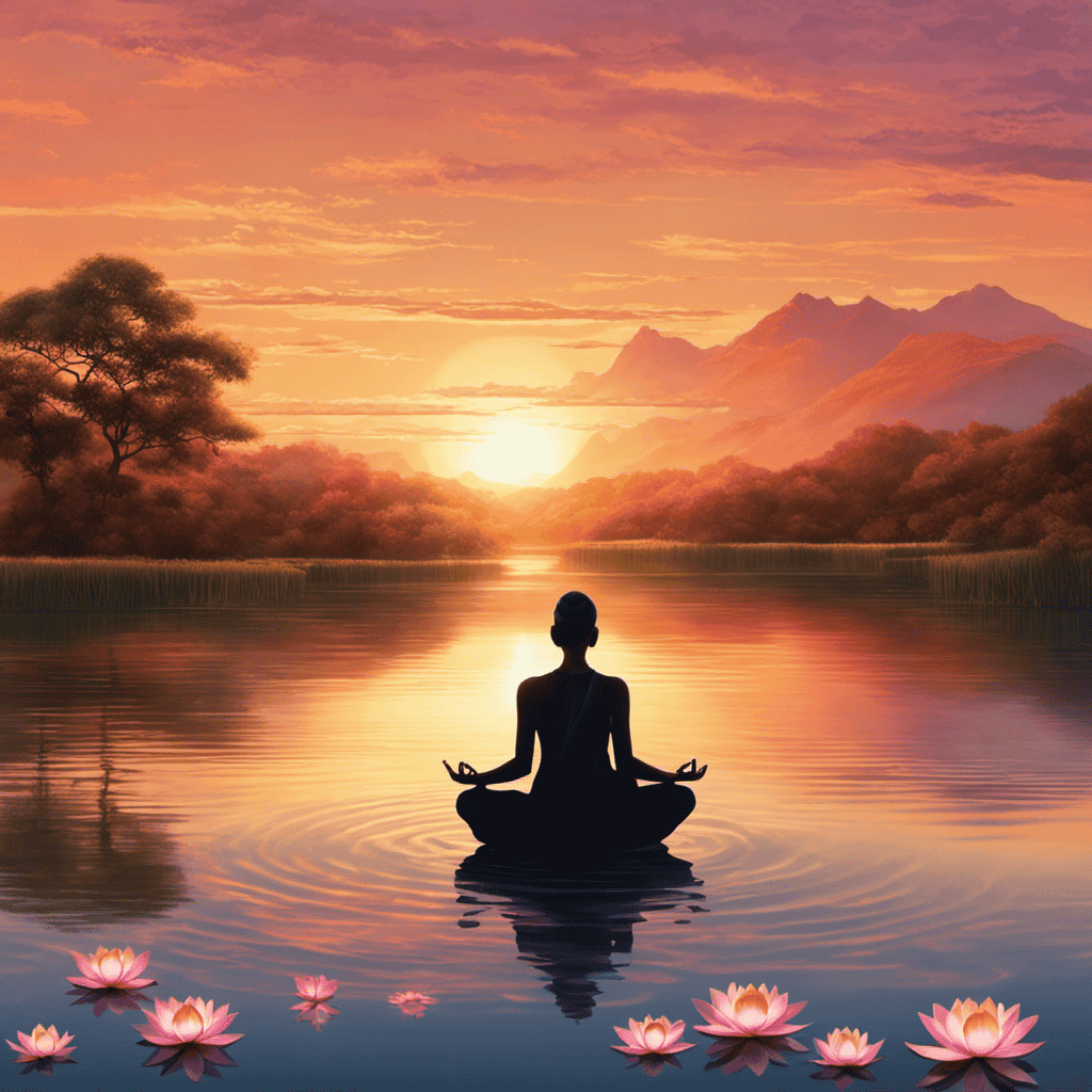 An image capturing a serene sunset over a peaceful lake, with a solitary figure sitting cross-legged, eyes closed, surrounded by calming nature elements like blooming lotus flowers and gentle ripples on the water, symbolizing the transformative power of meditation for mental well-being