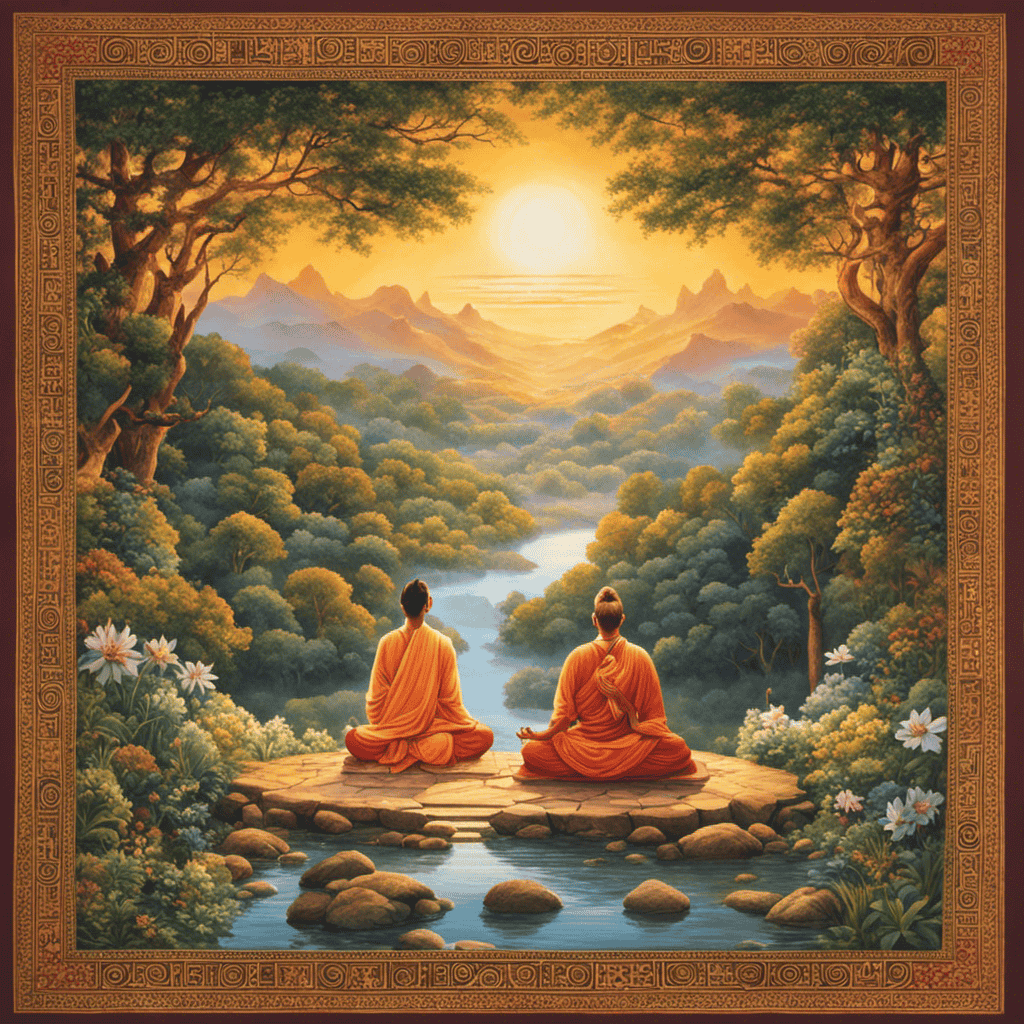 An image depicting serene surroundings with a person seated cross-legged, practicing mindfulness meditation, while another person engages in loving-kindness meditation, and a third person practices transcendental meditation using a mantra