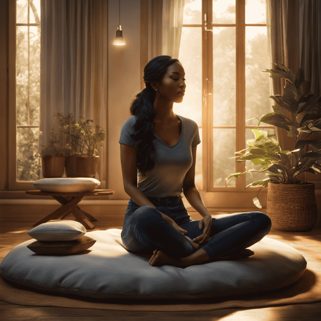 An image that depicts a serene scene: a person sitting cross-legged on a cushion, eyes closed, hands resting gently on their knees, surrounded by soft, warm lighting and a tranquil atmosphere