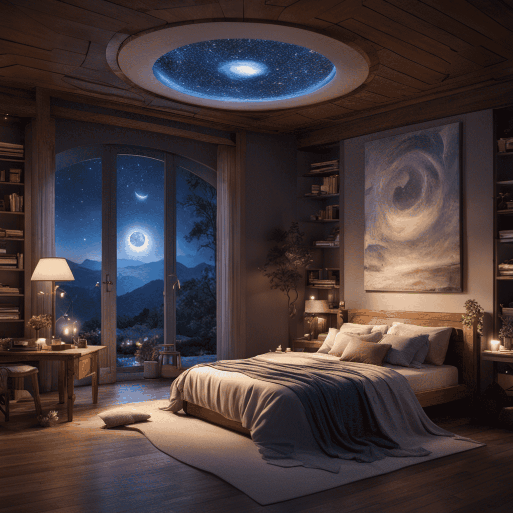 An image of a serene bedroom illuminated by soft moonlight, featuring a person lying comfortably in bed, surrounded by various items like a dream journal, meditation crystals, a sleep mask, and a visualization board, all emphasizing different techniques to induce lucid dreams