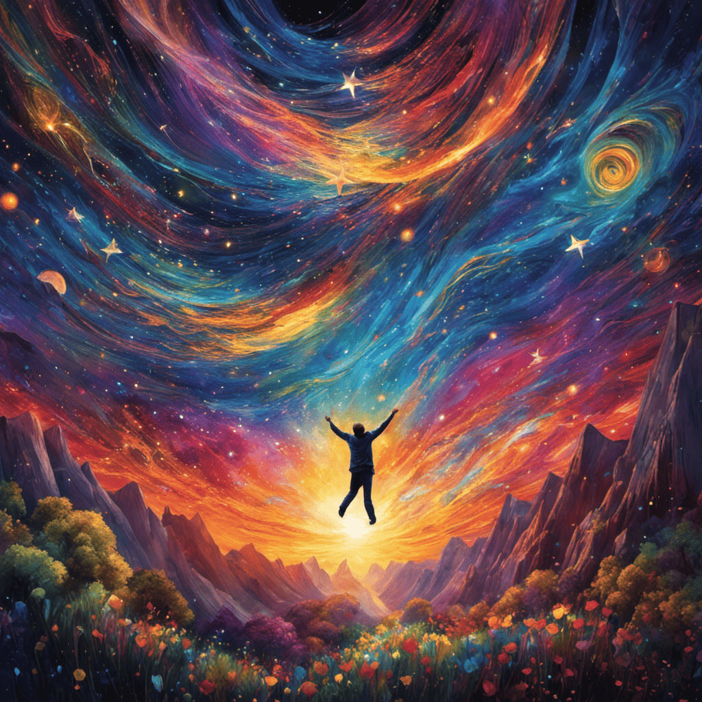 An image of a person soaring through a vibrant, star-studded night sky, their outstretched arms surrounded by shimmering trails of colorful energy