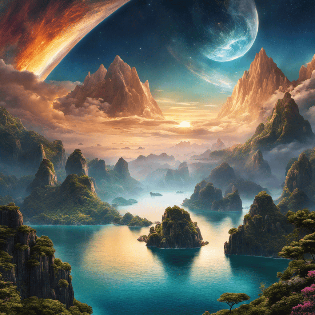 An image showcasing a vast, ethereal landscape within a lucid dream: a shimmering ocean merging with a celestial sky, towering mountains with floating islands, and a lone dreamer fearlessly venturing towards the uncharted horizons
