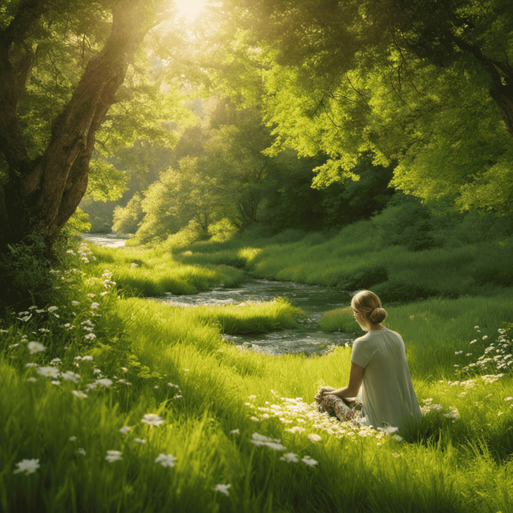 An image capturing a serene scene: a person sitting cross-legged in a lush green meadow, eyes closed, with sunlight filtering through the leaves, surrounded by blooming flowers, as gentle waves ripple through a nearby stream