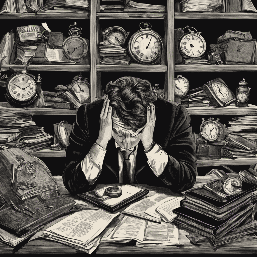 An image that depicts a person overwhelmed with exhaustion, slumped at a desk cluttered with unfinished tasks