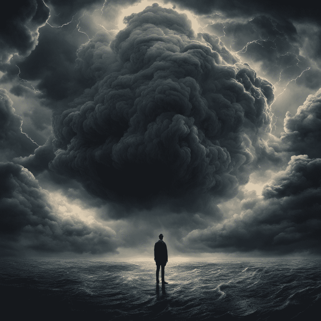 An image depicting a person standing in the center of a storm, surrounded by swirling dark clouds symbolizing stress