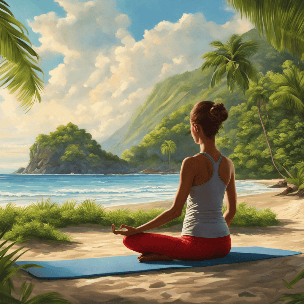 An image of a serene beach scene with a person practicing mindfulness, seated on a yoga mat, surrounded by lush greenery