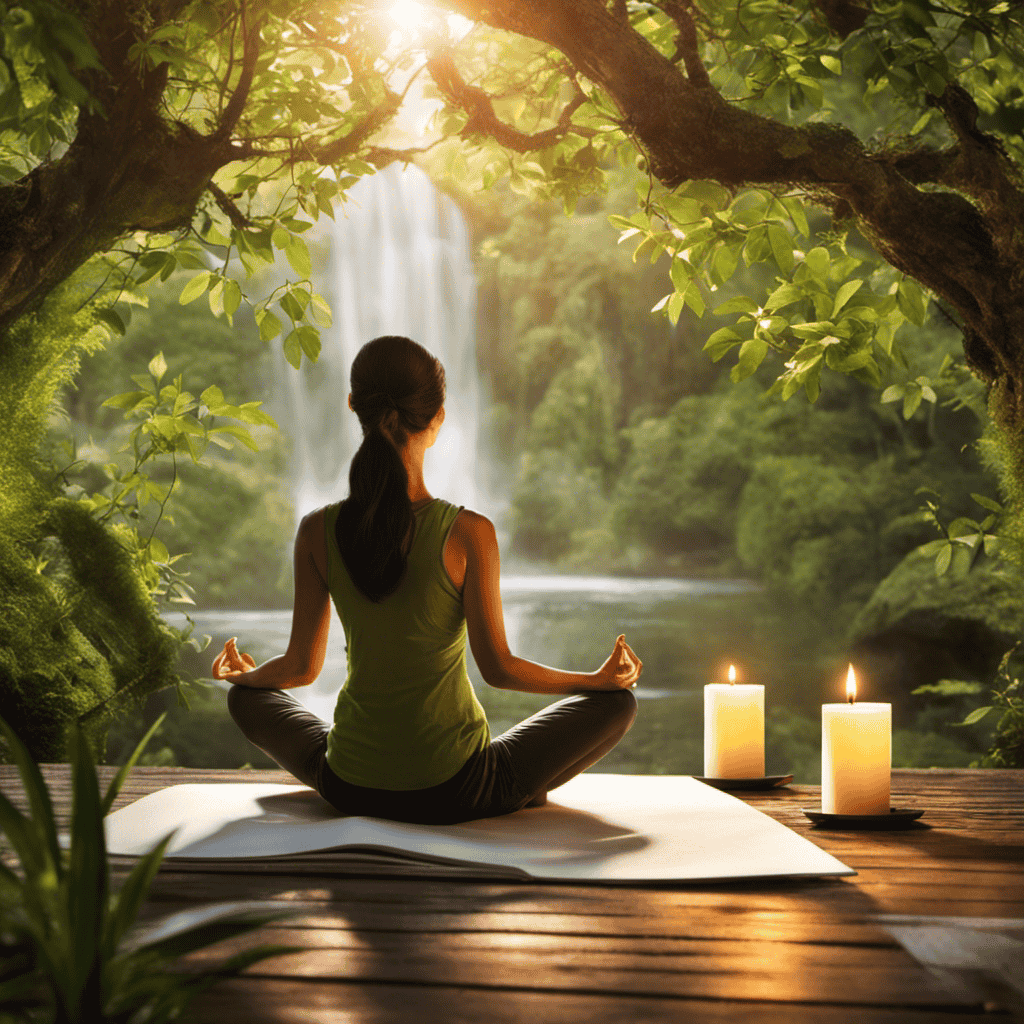 An image that depicts a serene scene of a person practicing stress reduction strategies in their daily life