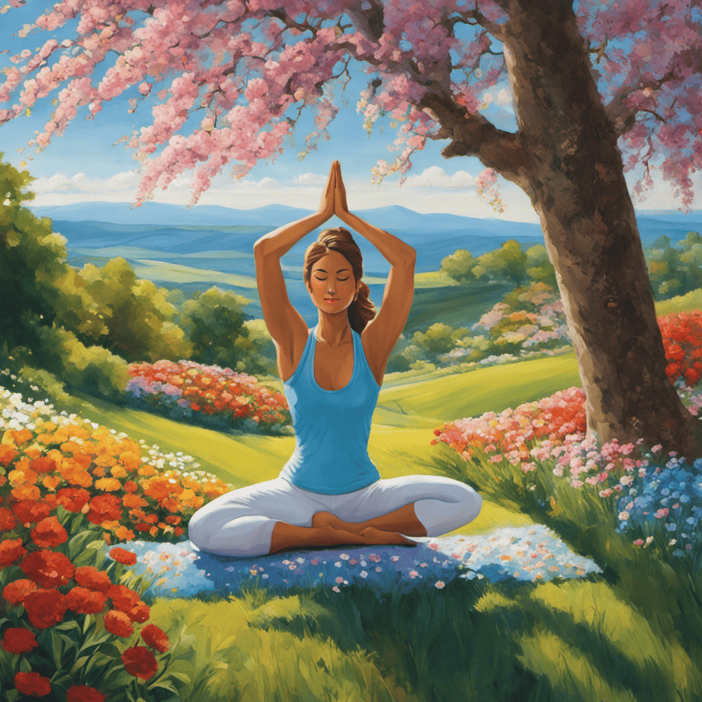 An image showcasing a serene landscape, where a figure practices yoga on a grassy hill, surrounded by colorful flowers, a gentle breeze rustling nearby trees, and a clear blue sky above