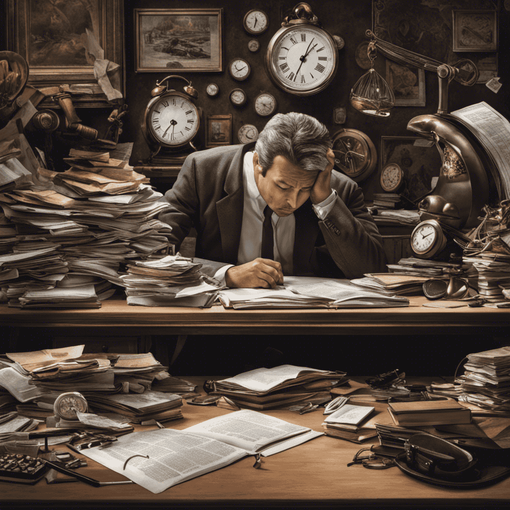 An image that depicts a person overwhelmed with exhaustion, slumped at a desk cluttered with unfinished tasks