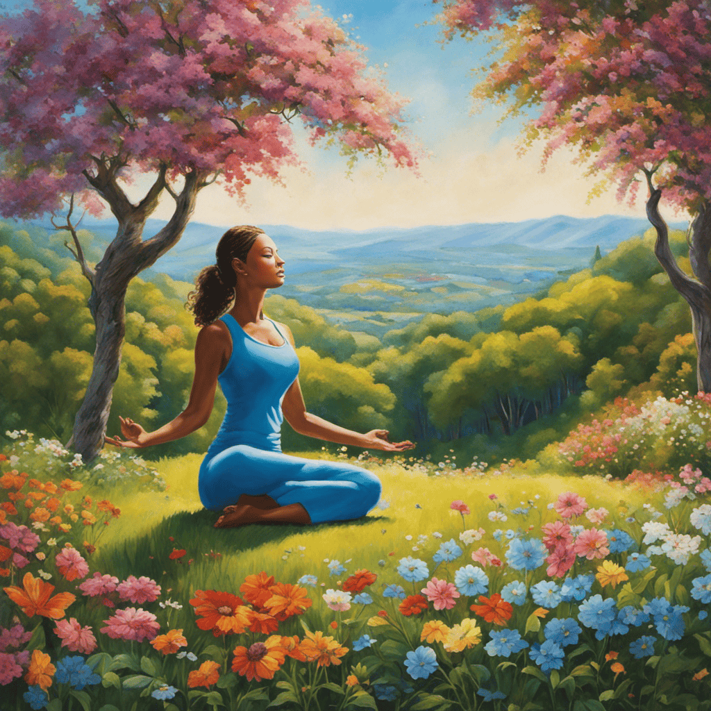 An image showcasing a serene landscape, where a figure practices yoga on a grassy hill, surrounded by colorful flowers, a gentle breeze rustling nearby trees, and a clear blue sky above