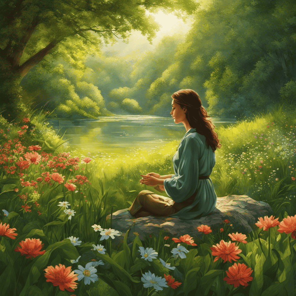 An image capturing a serene scene: a person sitting cross-legged in a lush green meadow, eyes closed, with sunlight filtering through the leaves, surrounded by blooming flowers, as gentle waves ripple through a nearby stream