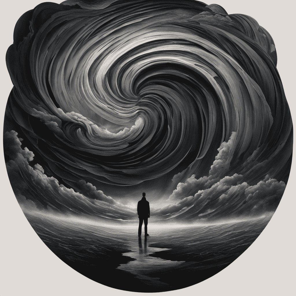 An image depicting a person standing in the center of a storm, surrounded by swirling dark clouds symbolizing stress