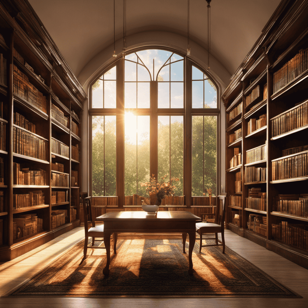An image showcasing a serene library with bookshelves filled with diverse subjects, illuminating rays of sunlight filtering through the window, highlighting the importance of continuous learning and knowledge in measuring personal growth