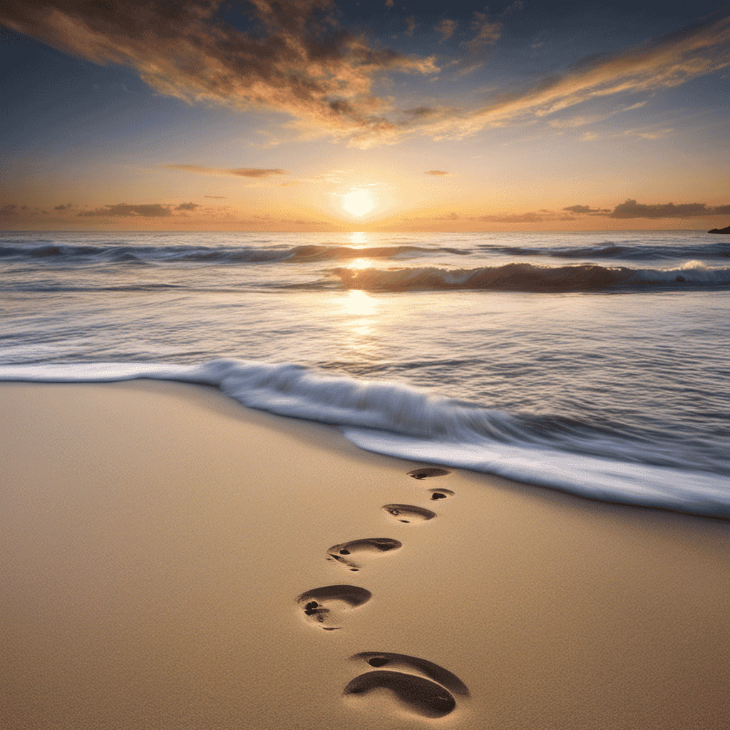An image showcasing a serene beach, with footprints fading away on the sand, symbolizing the progress made in your personal growth journey