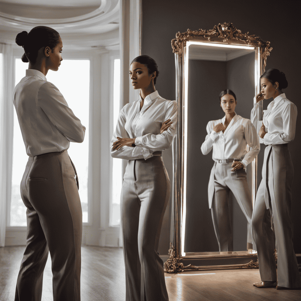 An image featuring a person standing before a mirror, their reflection showing a progression of confident postures and expressions over time