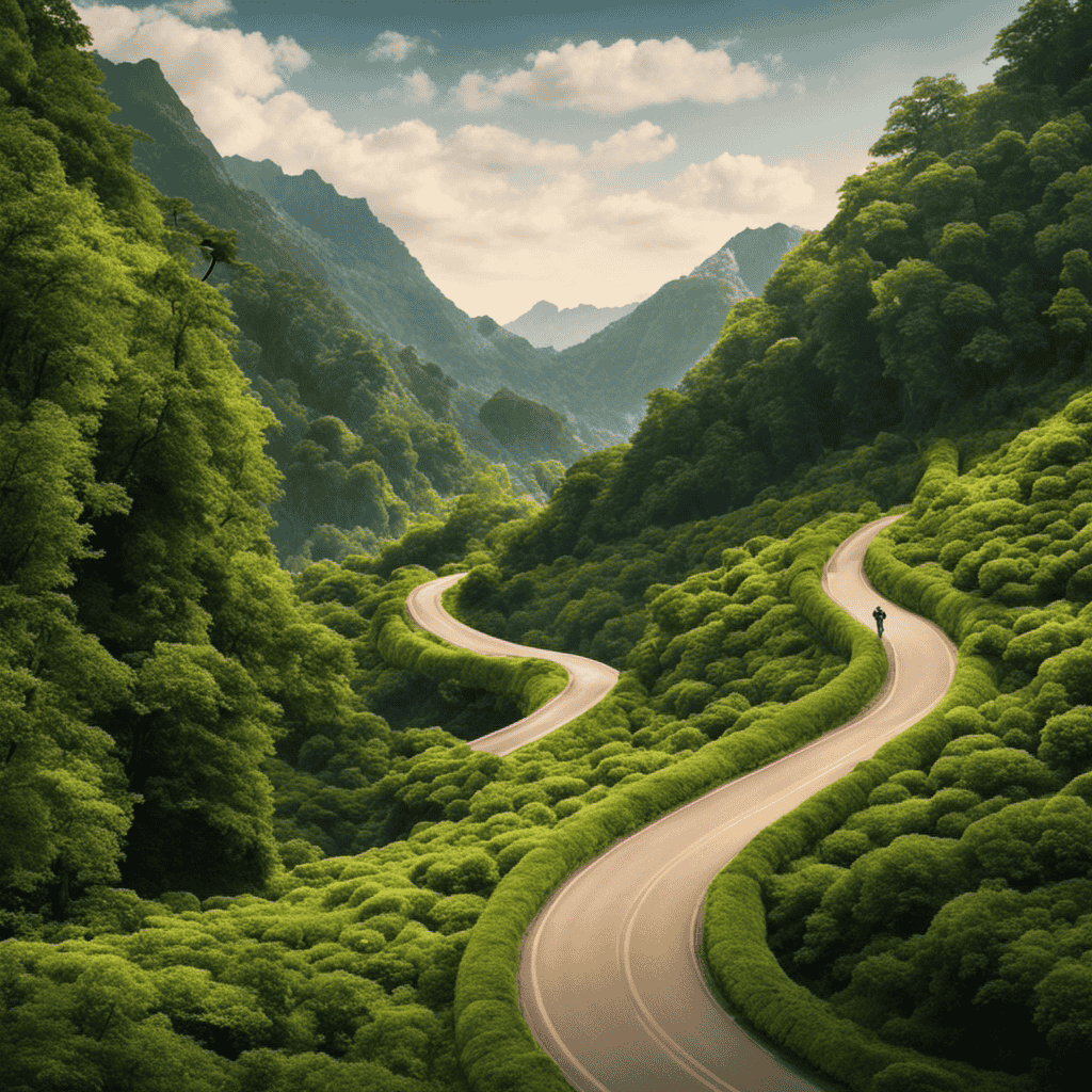 An image of a winding road leading through a lush forest, with a person standing at the beginning, gazing towards a distant mountaintop
